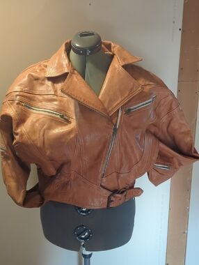 Cropped Tan Leather Moto Jacket with Belt